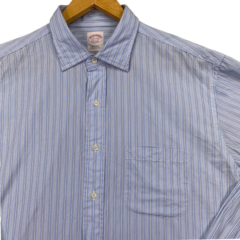 Brooks Brothers 1818 Dress Shirt Mens 17.5-34 Blue Striped Regular Fit Cotton